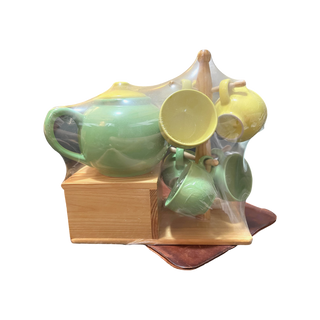 Green and Yellow Ceramic Tea Set with Wooden Stand