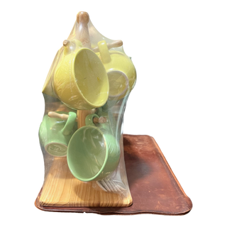 Green and Yellow Ceramic Tea Set with Wooden Stand