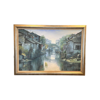 Large Framed Canal Scene Painting