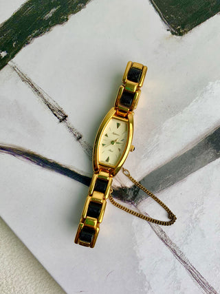 Alba Quartz Gold-Tone Tonneau Black Leather Link Bracelet Watch