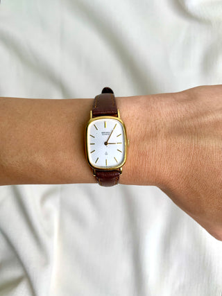 Seiko Quartz Gold-tone Rectangular Brown Leather Strap Watch