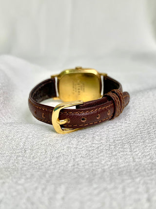 Seiko Quartz Gold-tone Rectangular Brown Leather Strap Watch