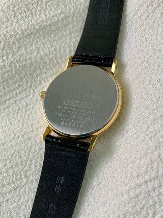 Vintage Seiko Quartz Gold-tone Round Black Leather Watch