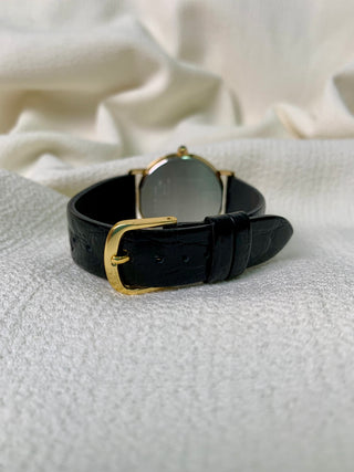 Vintage Seiko Quartz Gold-tone Round Black Leather Watch