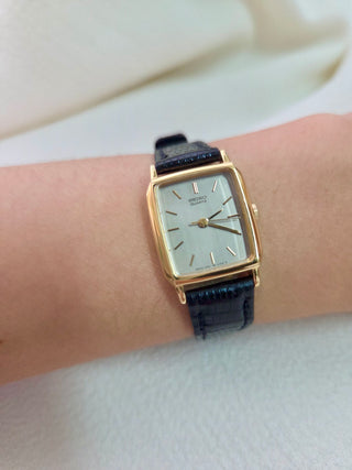 Seiko Quartz Gold-tone Rectangular Black Leather Strap Watch