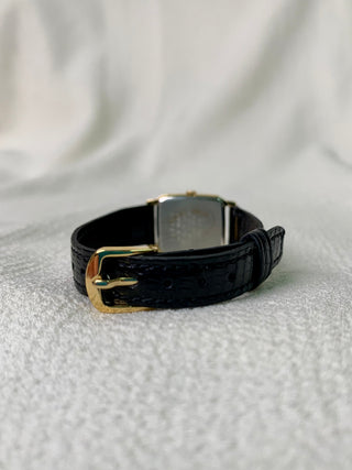 Seiko Quartz Gold-tone Rectangular Black Leather Strap Watch