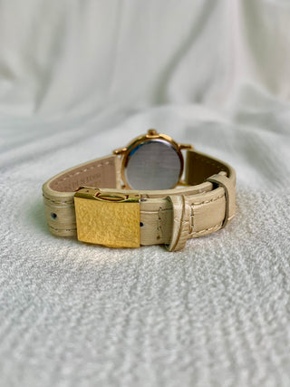 Vintage Seiko Quartz Gold-Tone Round Beige Leather Strap Watch