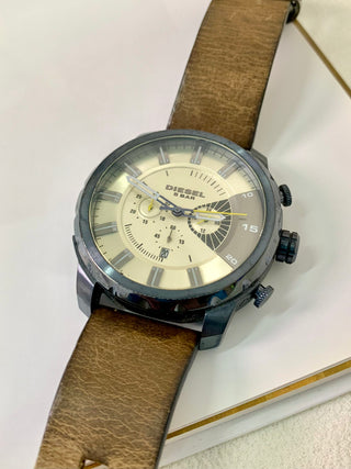 Diesel Quartz Space Grey Round Brown Leather Strap Watch