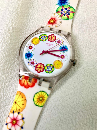 Swatch Quartz Floral Round Multi-colour Rubber Strap Watch