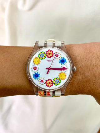Swatch Quartz Floral Round Multi-colour Rubber Strap Watch