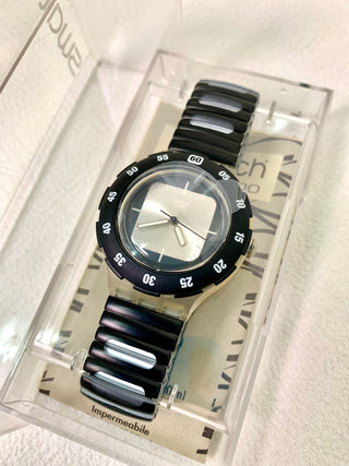 Swatch Quartz Round Black & Silver Metal Bracelet Watch