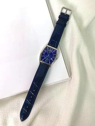2004 Quartz Silver Tonneau Navy Leather Strap Watch