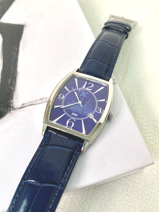 2004 Quartz Silver Tonneau Navy Leather Strap Watch