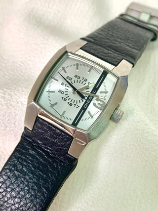 Diesel Quartz Silver Square Black Leather Strap Watch