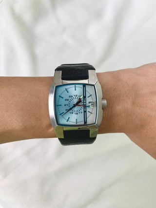 Diesel Quartz Silver Square Black Leather Strap Watch