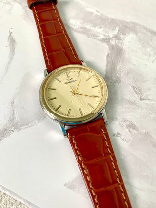 VaInqueur Quartz Two-Tone Round Brown Leather Strap Watch