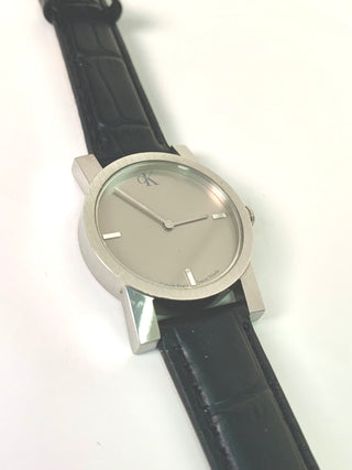 Calvin Klein Quartz Silver Round Black Leather Strap Watch