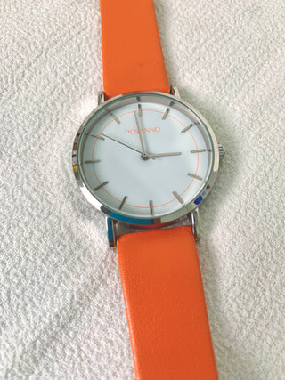 Posanno Quartz Silver Round Orange Leather Strap Watch