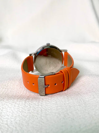 Posanno Quartz Silver Round Orange Leather Strap Watch
