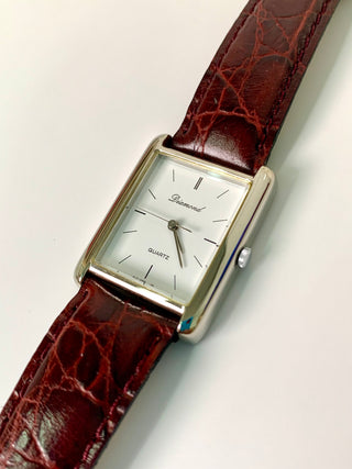Diamond Quartz Silver Rectangular Maroon Leather Strap Watch