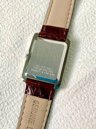 Diamond Quartz Silver Rectangular Maroon Leather Strap Watch