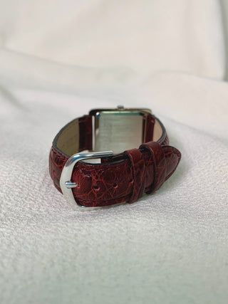 Diamond Quartz Silver Rectangular Maroon Leather Strap Watch