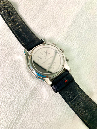 Armani Exchange Quartz Chronograph Silver Round Black Leather Strap Watch