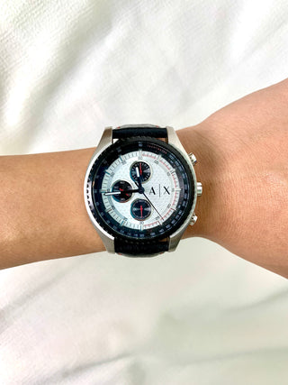 Armani Exchange Quartz Chronograph Silver Round Black Leather Strap Watch