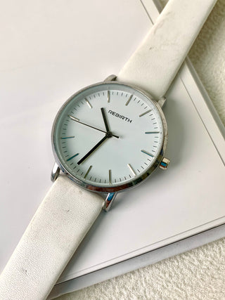Rebirth Quartz Silver Round White Leather Strap Watch