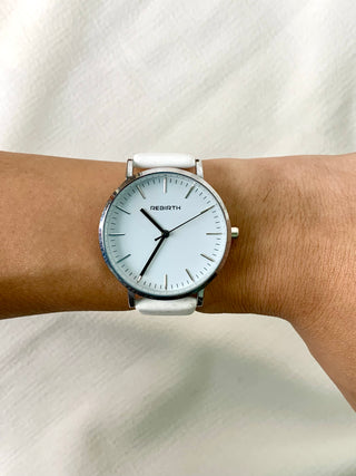 Rebirth Quartz Silver Round White Leather Strap Watch