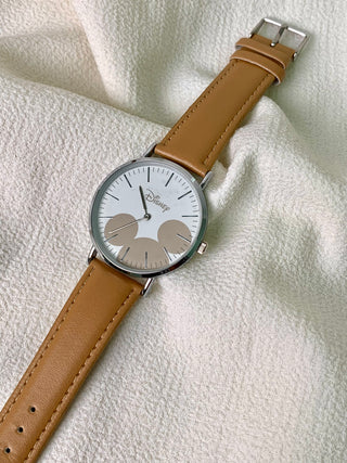 Daiso x Disney Quartz Silver Round Camel Faux Leather Strap Watch