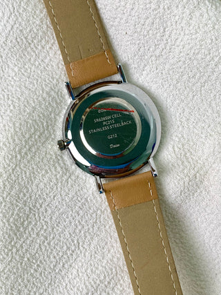 Daiso x Disney Quartz Silver Round Camel Faux Leather Strap Watch