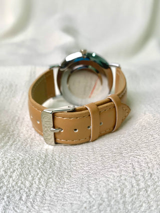 Daiso x Disney Quartz Silver Round Camel Faux Leather Strap Watch