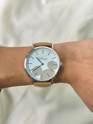 Daiso x Disney Quartz Silver Round Camel Faux Leather Strap Watch