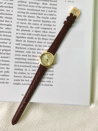 Rogar Quartz Gold-Tone Round Brown Leather Watch