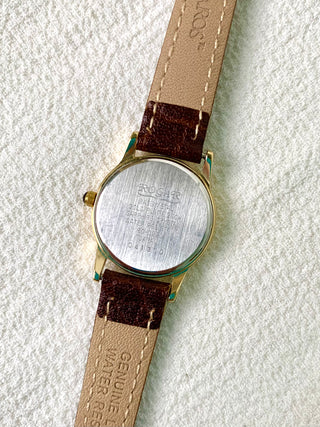 Rogar Quartz Gold-Tone Round Brown Leather Watch