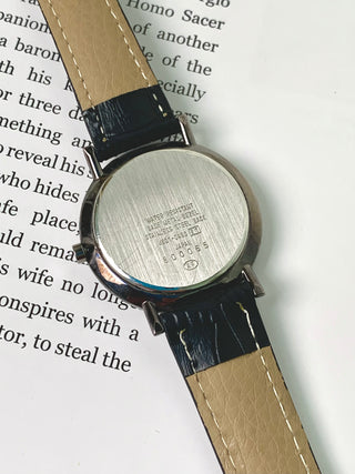 Alba Quartz Silver-Tone Round Black Leather Watch