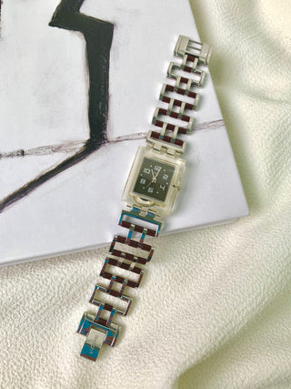Swatch Quartz Transparent Rectangular Bracelet Watch
