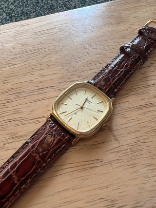 Vintage Seiko Quartz Gold-Tone Rectangular Brown Leather Strap Watch