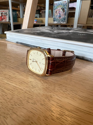 Vintage Seiko Quartz Gold-Tone Rectangular Brown Leather Strap Watch