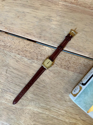 Vintage Tissot Quartz Gold-Tone Rectangular Brown Leather Strap Watch