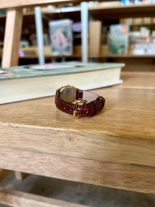 Vintage Tissot Quartz Gold-Tone Rectangular Brown Leather Strap Watch