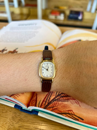 Seiko Quartz Gold-Tone Rectangular Brown Leather Strap Watch