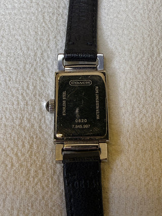 Coach Quartz Dress Silver-Tone Rectangular Black Leather Strap Watch