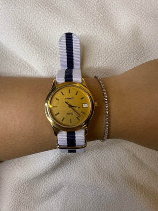 Tissot Quartz Gold-Tone Round Navy & White Cloth Strap Watch