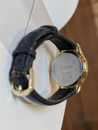 Vintage Seiko Quartz Gold Round Navy Leather Strap Watch