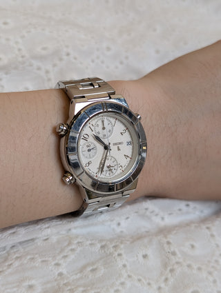 Vintage Seiko Quartz Chronograph Silver Round Bracelet Watch