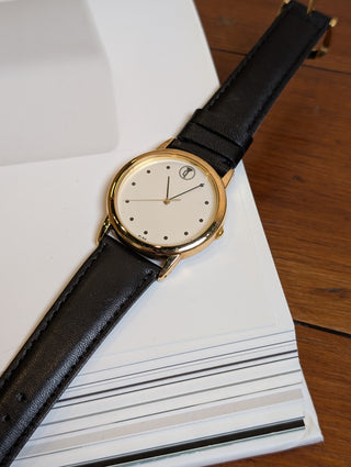 Alba Quartz Gold Round Black Leather Strap Watch