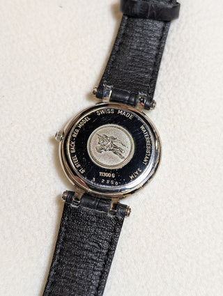 Vintage Burberrys Quartz Silver-Tone Round Black Leather Strap Watch