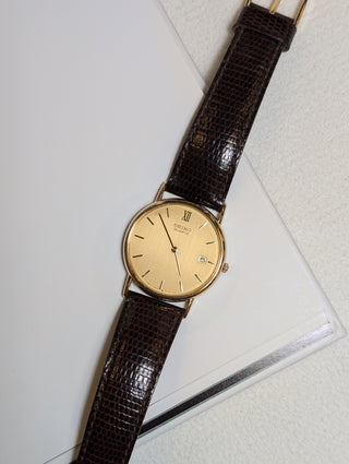 Vintage Seiko Quartz Gold-Tone Round Brown Leather Strap Watch